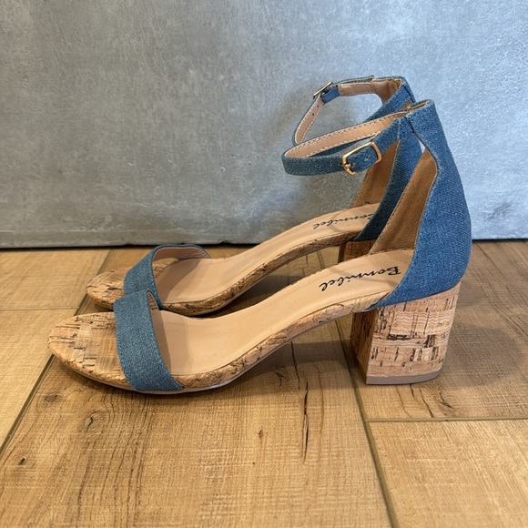 Bonnibel Block Heels Blue Denim Brown Cork Wood Gold Buckle - Picture 4 of 4